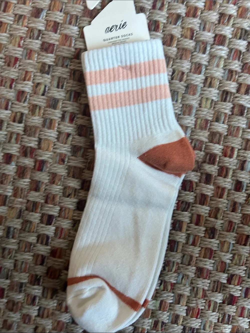 aerie White Socks with Peach Stripes and Rust Heel